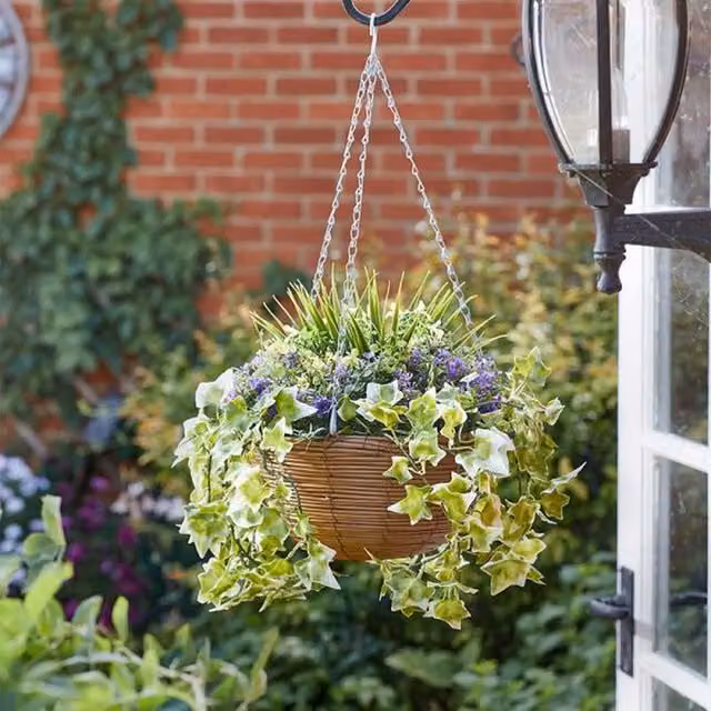 Garden Mile Green and Brown Artificial Hanging Basket with Galvanised Steel and Plastic Round Design