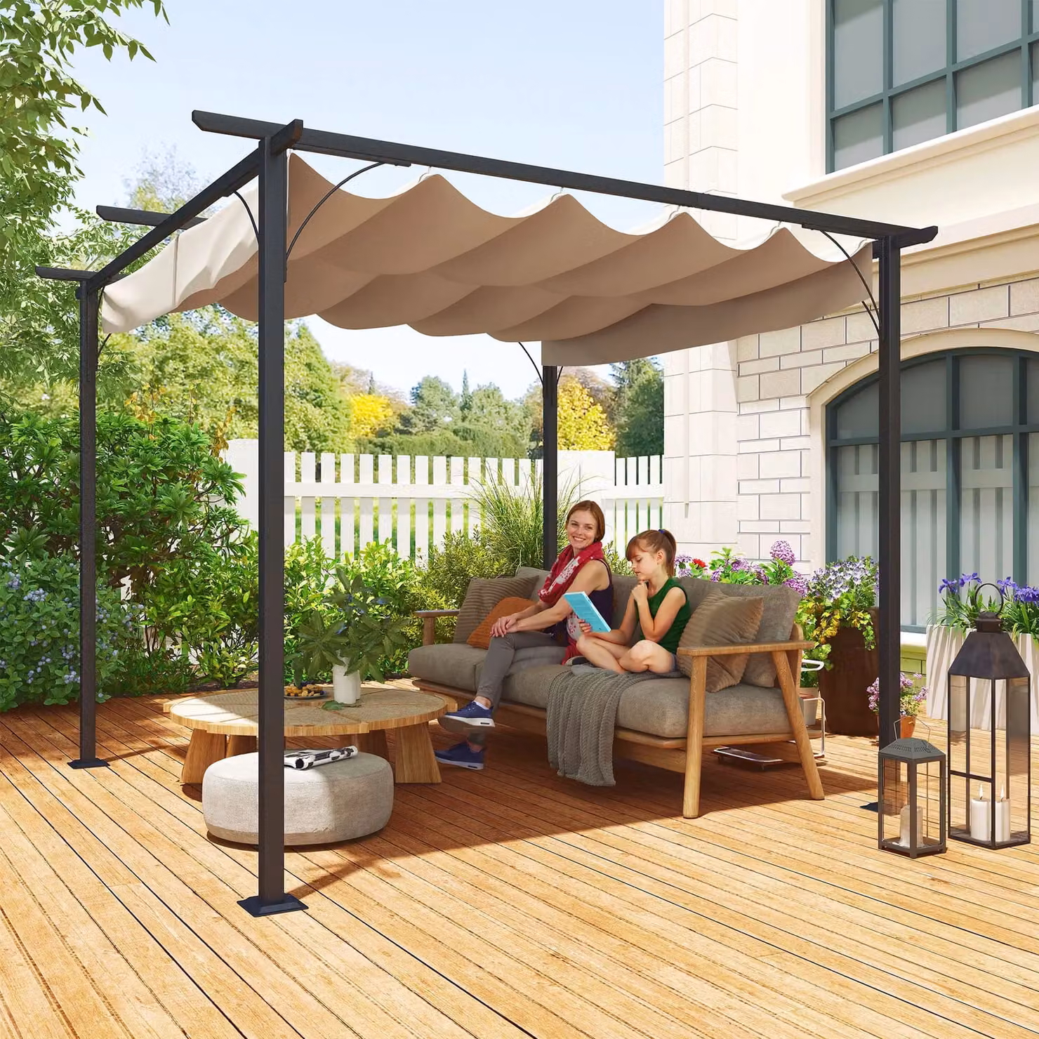 OUTSUNNY Metal Outdoor Pergola Gazebo with Retractable Canopy in Beige, W: 300 cm, D: 300 cm, H: 230 cm – 2