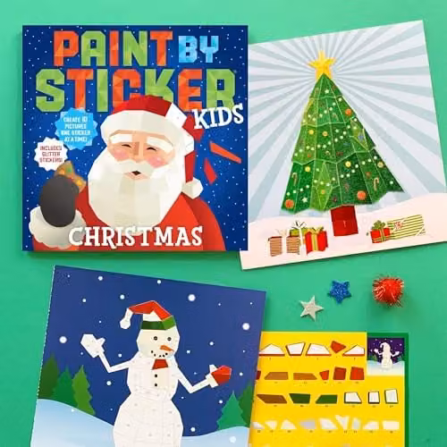 Workman Publishing Paint by Sticker Kids Christmas Activity Book with Glitter Stickers, Multicolour – 5