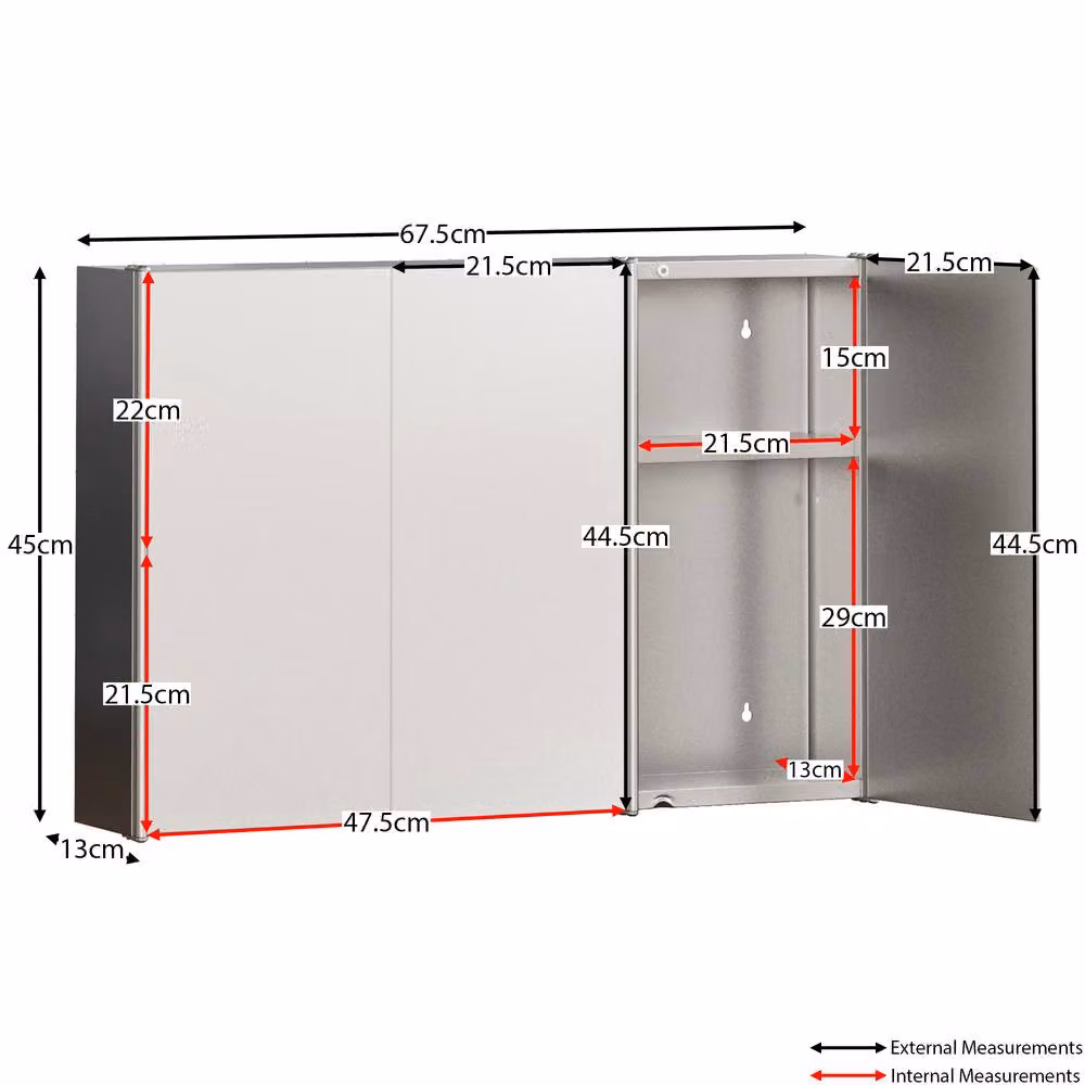HD Designs Silver Stainless Steel 3-Door Wall Mounted Bathroom Cabinet with Mirrored Hinged Doors and Internal Shelves – 2