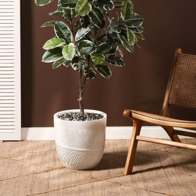 Wyld and Coco White Fibre Clay Round Planter with Leaf Motif, Diameter: 35 cm – 1