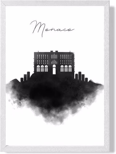 ARTZE Monaco Watercolour Skyline City Framed Print with White Frame in Black, A2 – 1