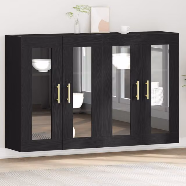 Berkfield Home Set of 2 Modern Wall Mounted Cabinets in Black Oak and Gold – 1
