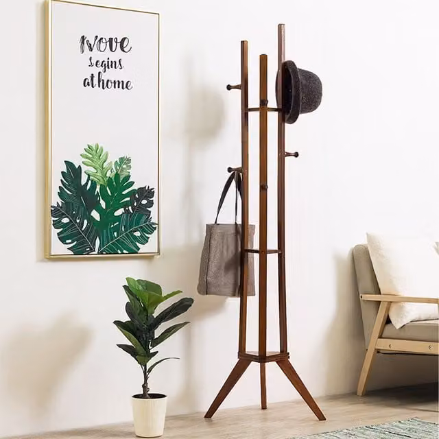 Komore Minimalist Wooden Tripod Coat Rack with Hooks in Brown