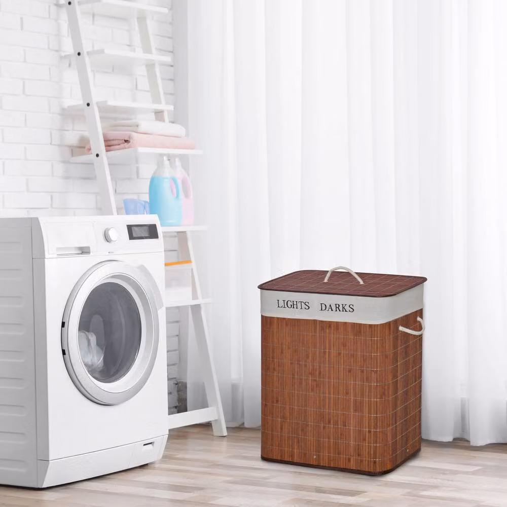 STILVORA 100L Two-Section Bamboo Laundry Basket with Lid and Handles, Brown – 2