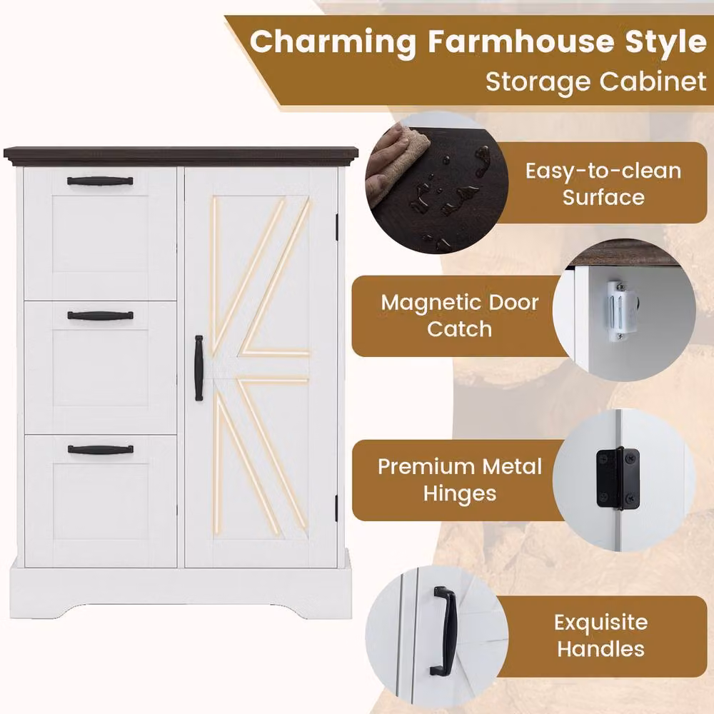 Costway White Farmhouse Accent Floor Cabinet with 3 Storage Drawers and Hinged Doors – 3