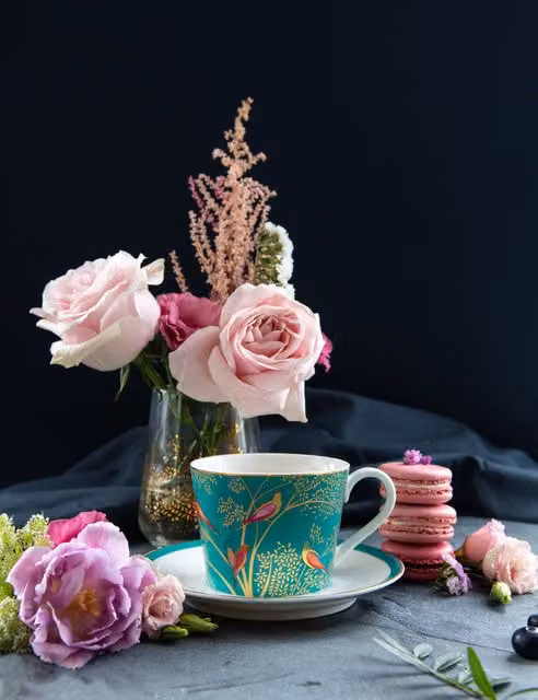 Sara Miller Green Bird Floral Bone China Tea Cup and Saucer with Gold Details