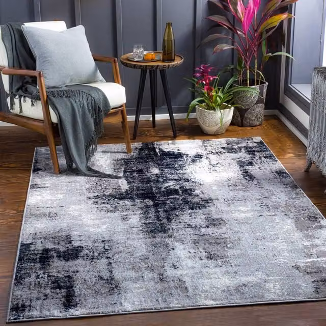 Livabliss Wanderlust Abstract Modern Marble Rug in Blue, Grey and Black, W/D: 120 x 170 cm