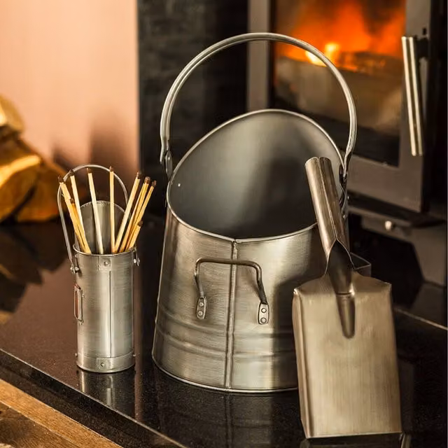Marco Paul Coal Bucket and Matchstick Cannister with Shovel Set in Silver