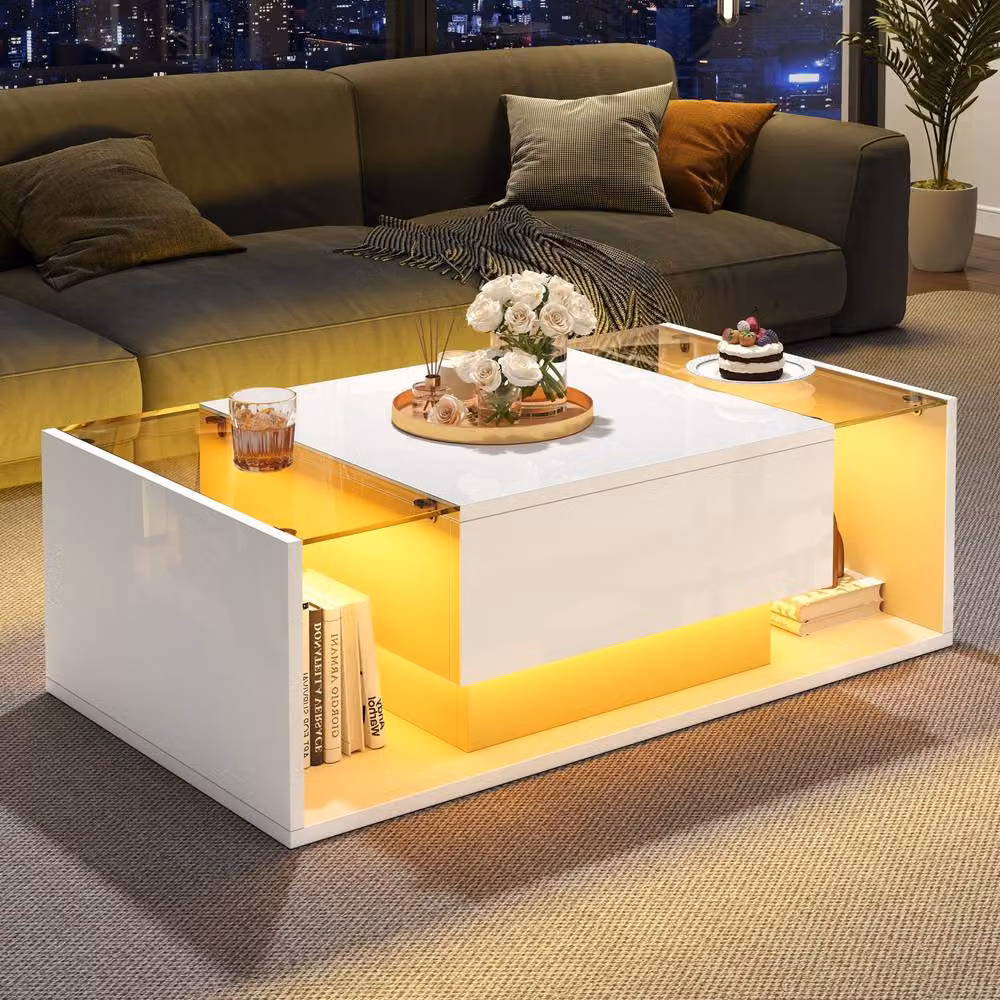 Matteo White High Gloss Coffee Table with Glass Top and LED Lights – 1