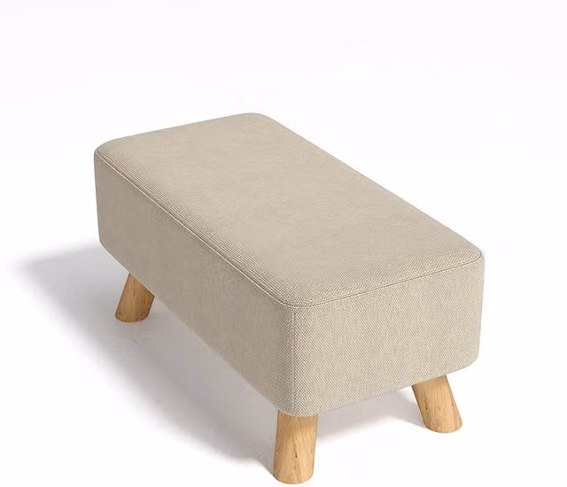 Garden Sanctuary Rectangular Upholstered Linen Shoe Changing Stool with Rubberwood Legs in Beige