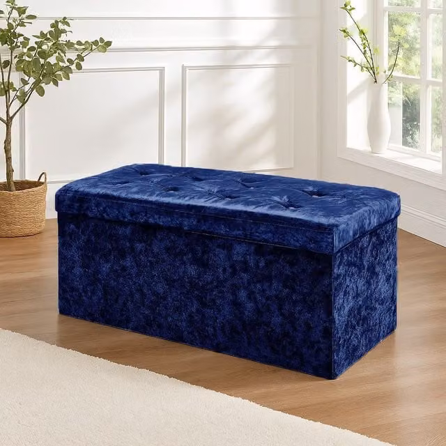 Home Republic Blue Crushed Velvet Foldable Storage Ottoman