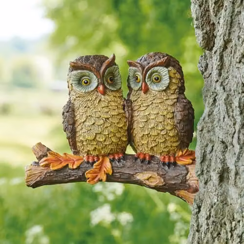 mysmartbuy Baby Owls Branch Hanger Ornament, Brown Weatherproof Resin Hanging Bird Decoration, H: 23 cm, W: 20 cm, D: 10 cm