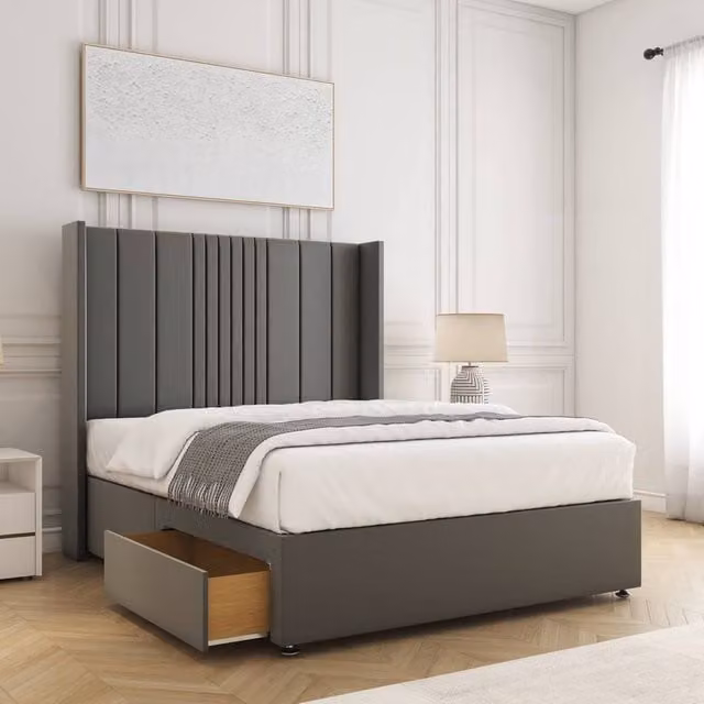 BSSPOKE Charlotte Small Double Divan Bed with 54 inch Plush Headboard and 2 Drawers in Grey