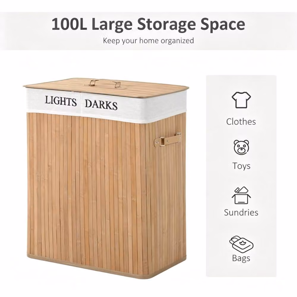 STILVORA Wood Laundry Hamper with Lid and Removable Lining, 100L, Natural Brown and Beige – 3