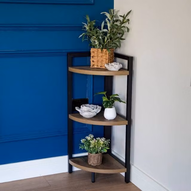 Madison & Mayfair Industrial Oak Wood and Metal Freestanding 3-Shelf Corner Unit in Brown and Black, W/D/H: 32.5 x 32.5 x 85.0 cm