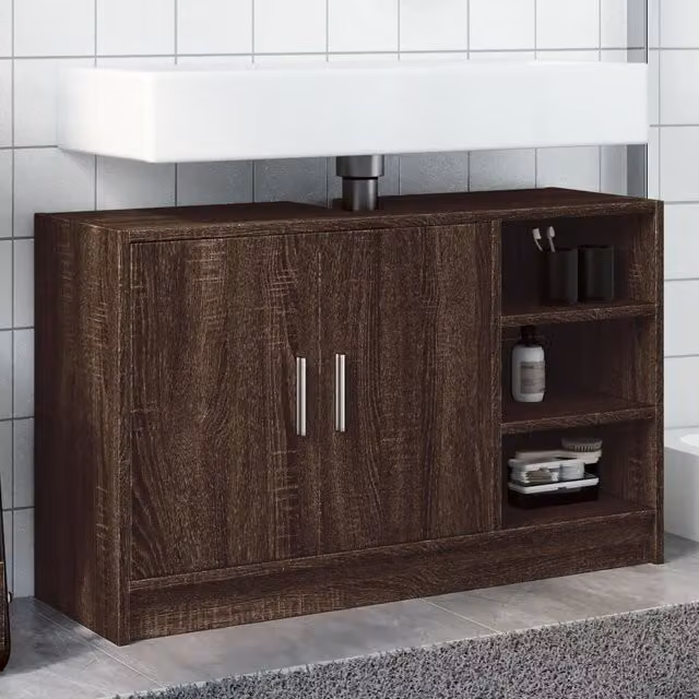 Berkfield Home Sink Cabinet in Brown Oak, W/D/H: 90 x 29 x 55 cm – 1