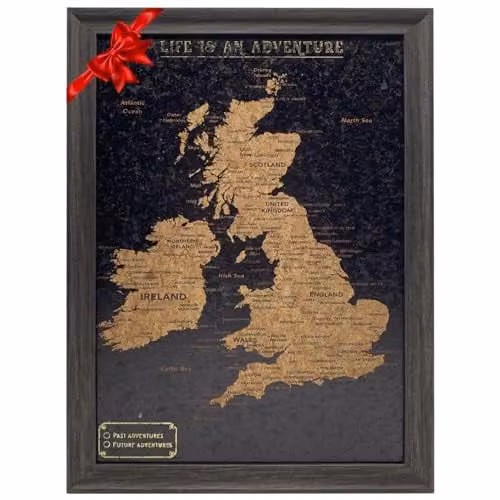 Splosh UK and Ireland Travel Map Pin Board with Black Cork and Wooden Frame, H 59 cm x W 59 cm x D 7 cm
