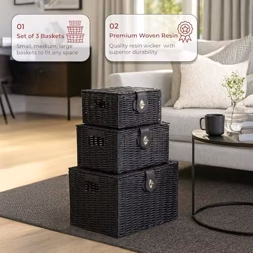 INNOTECK 3-Piece Black Resin Wicker Storage Basket Set with Lids and Handles – 2