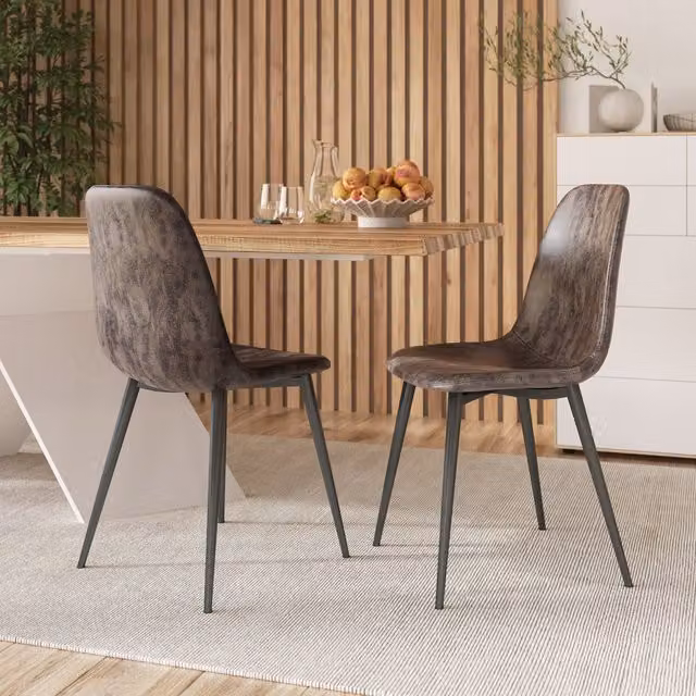 URBNLIVING Set of 4 Modern Brown Faux Leather Dining Chairs with Metal Legs