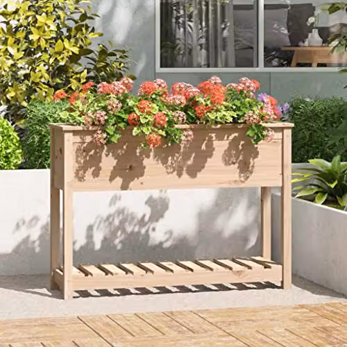 vidaXL Natural Pine Wooden Raised Bed Planter with Shelf, W/D/H: 111.5 x 34.5 x 81 cm – 2