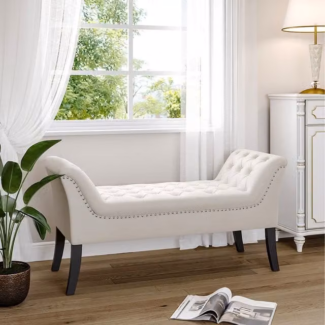 Livingandhome Modern Velvet Upholstered Bed Bench with Armrests and Wooden Legs in White