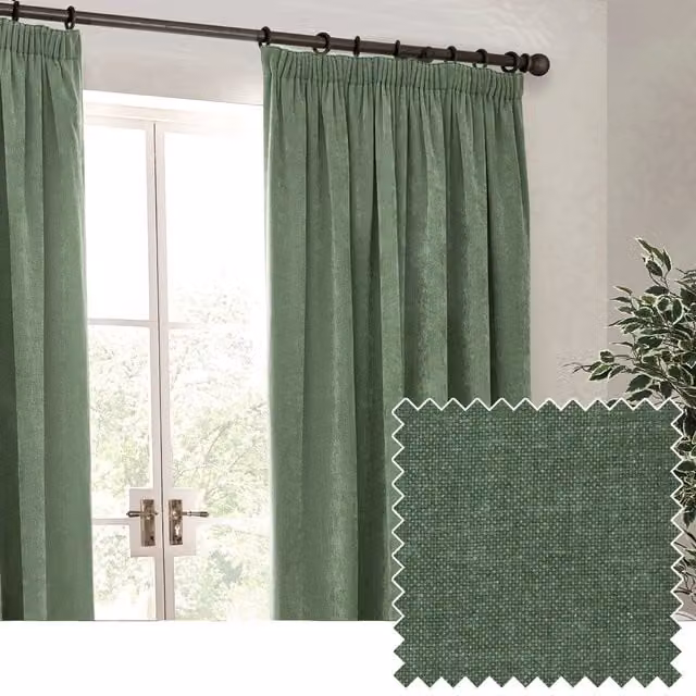 Yard Heavy Chenille Velvet Pencil Pleat Room Darkening Curtains in Green, Width: 168 cm, Drop: 183 cm – 1