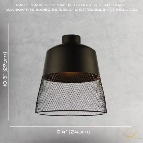 Happy Homewares Industrial Cylinder Pendant Light Shade with Metal Wire Mesh Grill in Black, W: 24 cm, H: 27 cm – 4