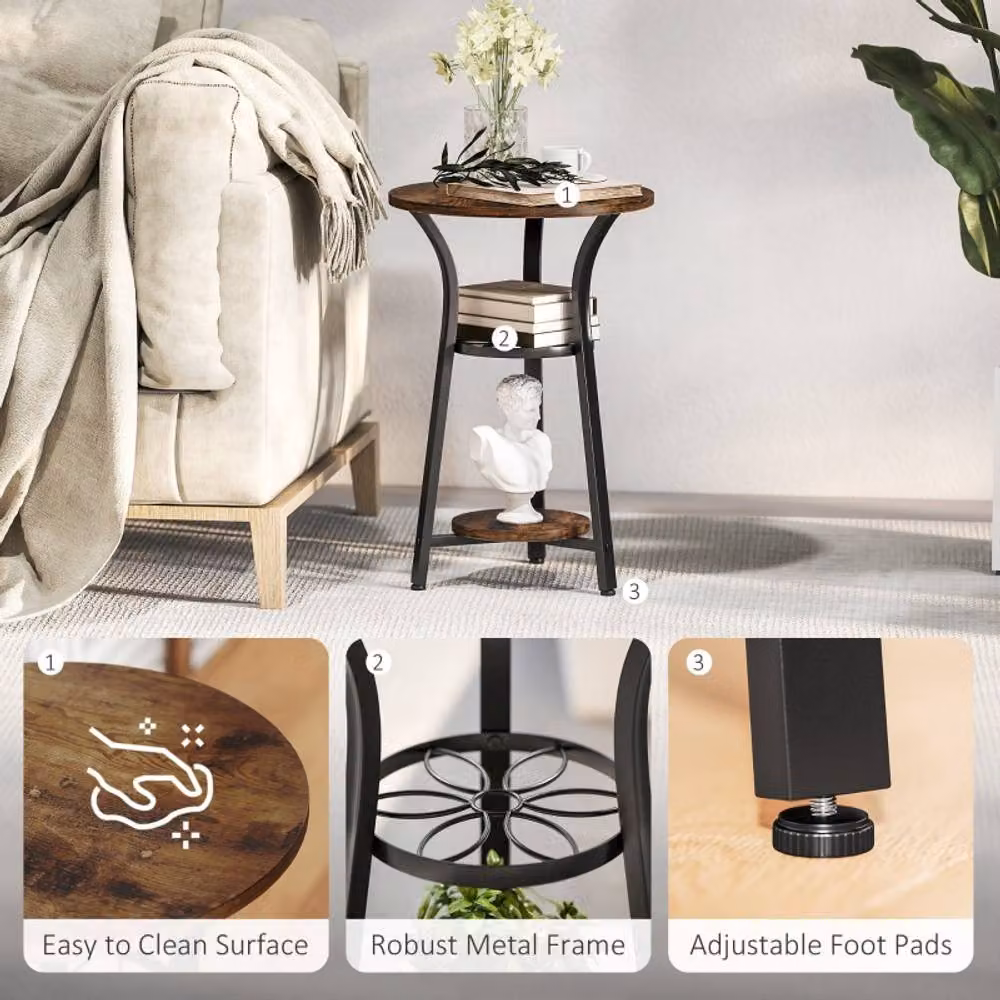 STILVORA 3 Tier Round Side Table with Metal Frame in Brown and Black, W: 38.0 cm, H: 56.5 cm – 7