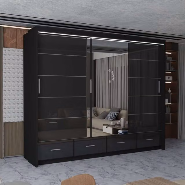 MN Furniture High Gloss Black Sliding Mirrored Wardrobe with Integrated LED Lighting, W/H: 255 x 220 cm