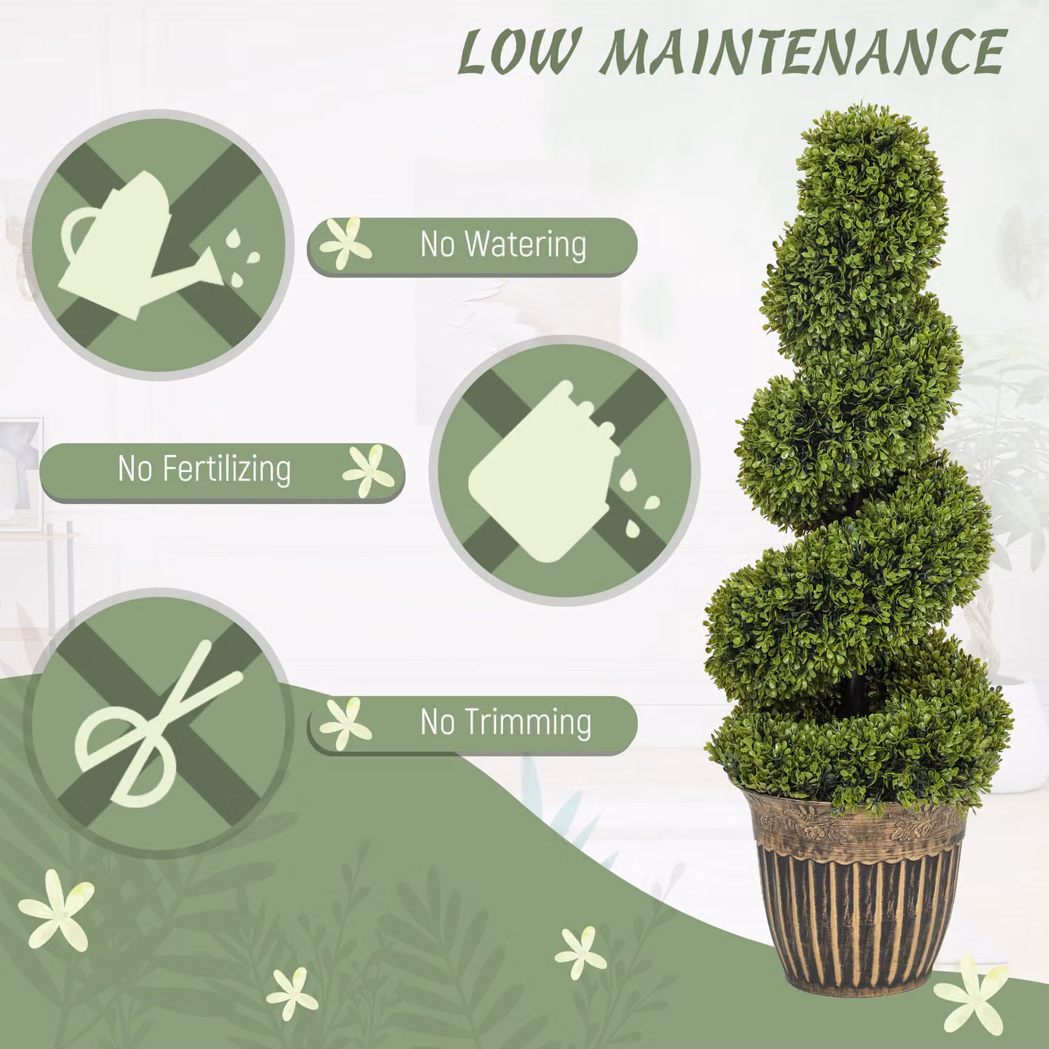 HOMCOM Set of 2 Green Artificial Topiary Spiral Boxwood Trees with Pots, Height: 90 cm – 5