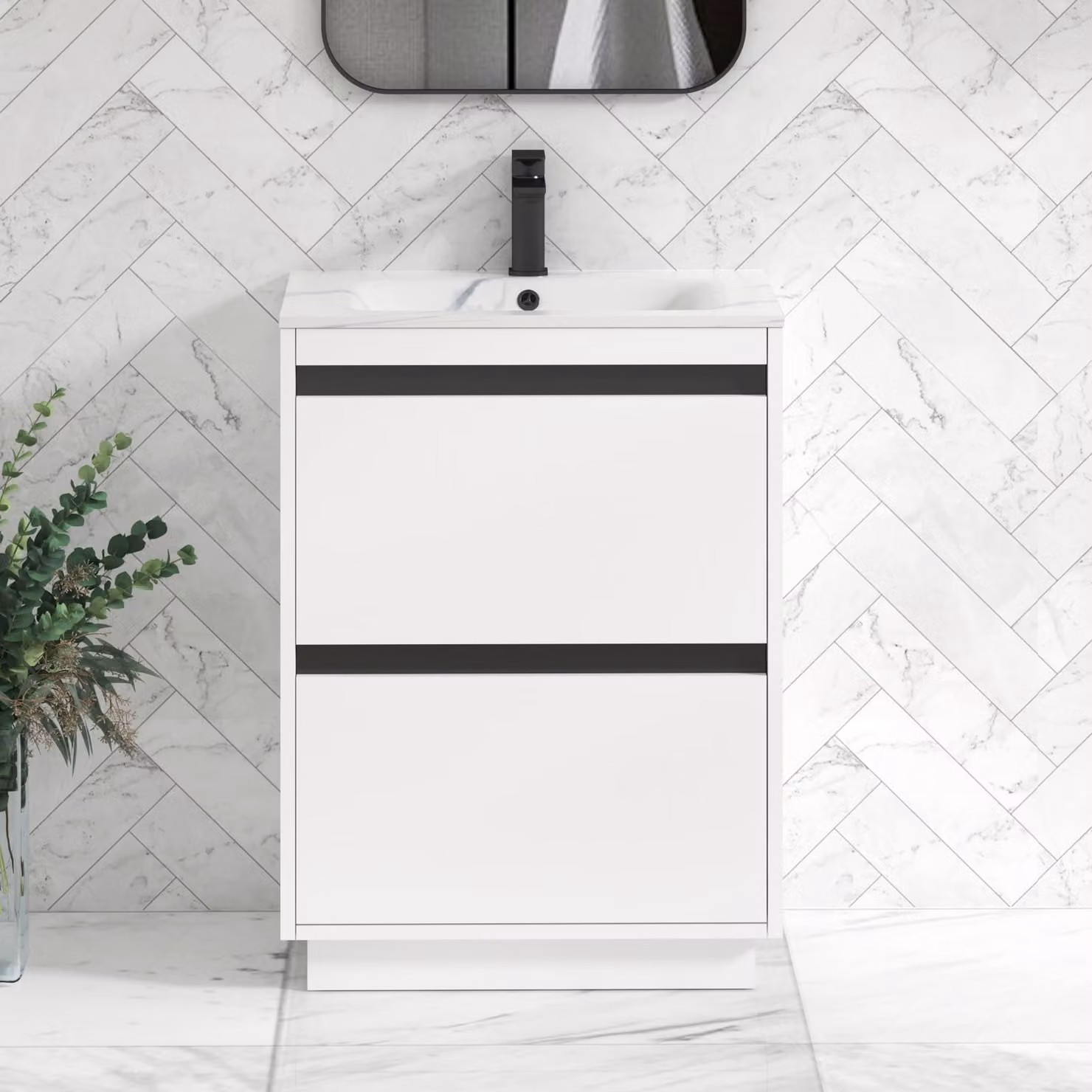 Royal Bathrooms Orion 600mm Floor Standing 2 Drawer Vanity Unit in Matt White with Carrara White Basin and Black Accent Trim
