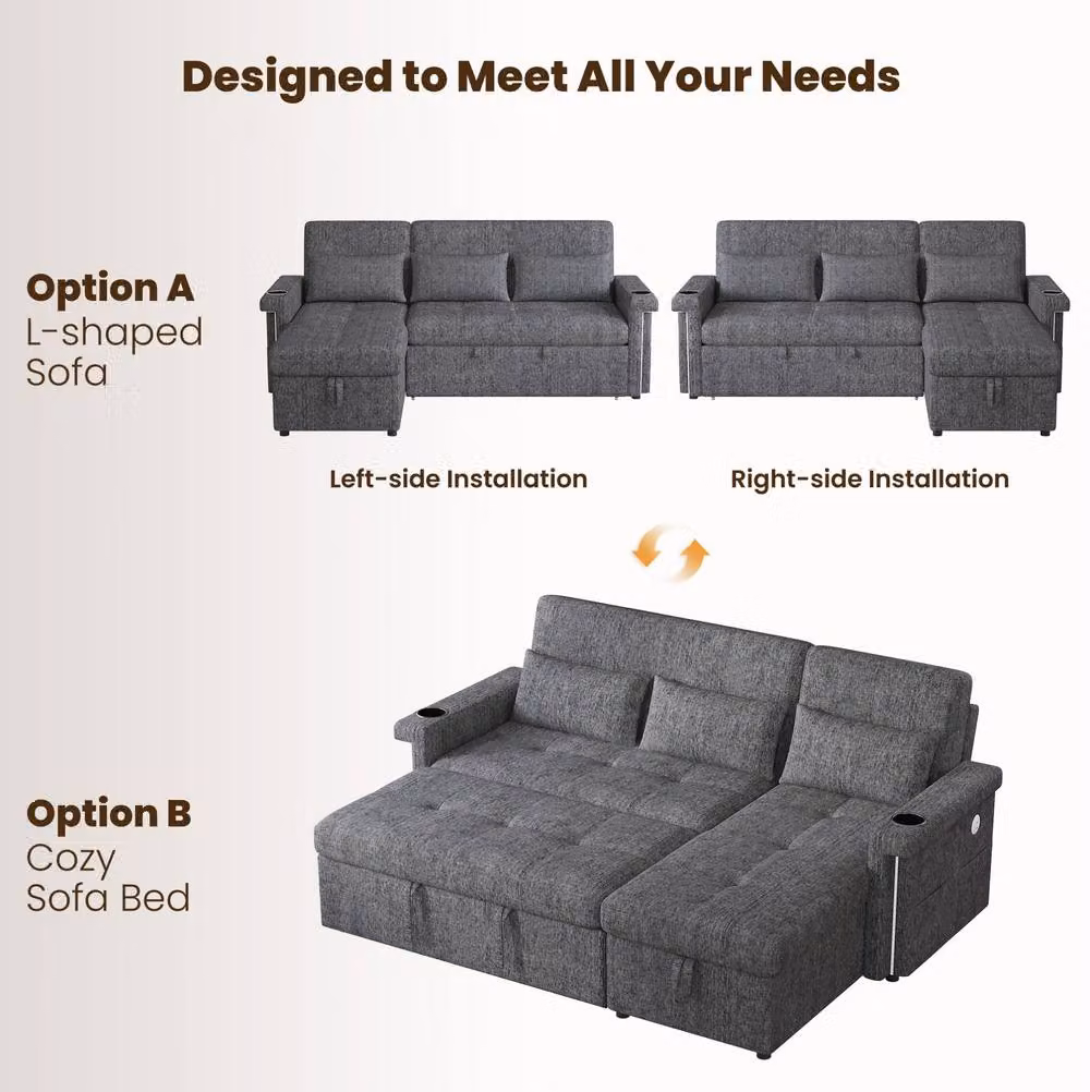 STILVORA L-shaped Sofa Bed in Grey with LED Lighting and USB Charging – 5