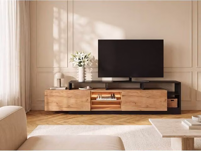 Vente-unique Modern 2-Door TV Unit with 6 Recesses and LEDs in Light Natural and Grey