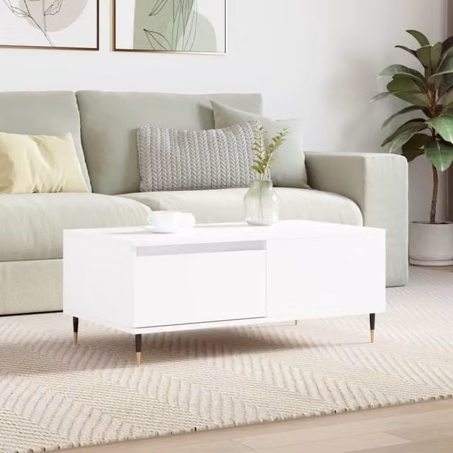 Berkfield Home White Modern Rectangular Coffee Table in Engineered Wood W/D/H: 90 x 50 x 36.5 cm