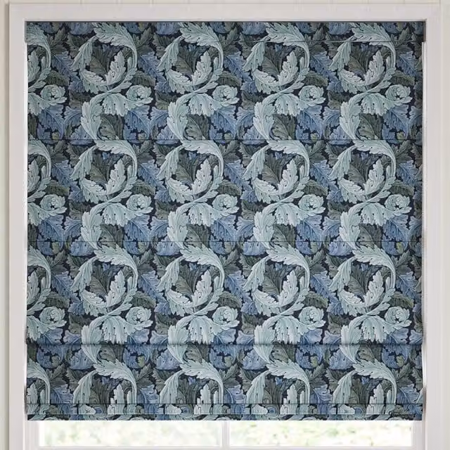 William Morris At Home Acanthus Made to Measure Blackout Roman Blind in Indigo Blue and Green Floral Design