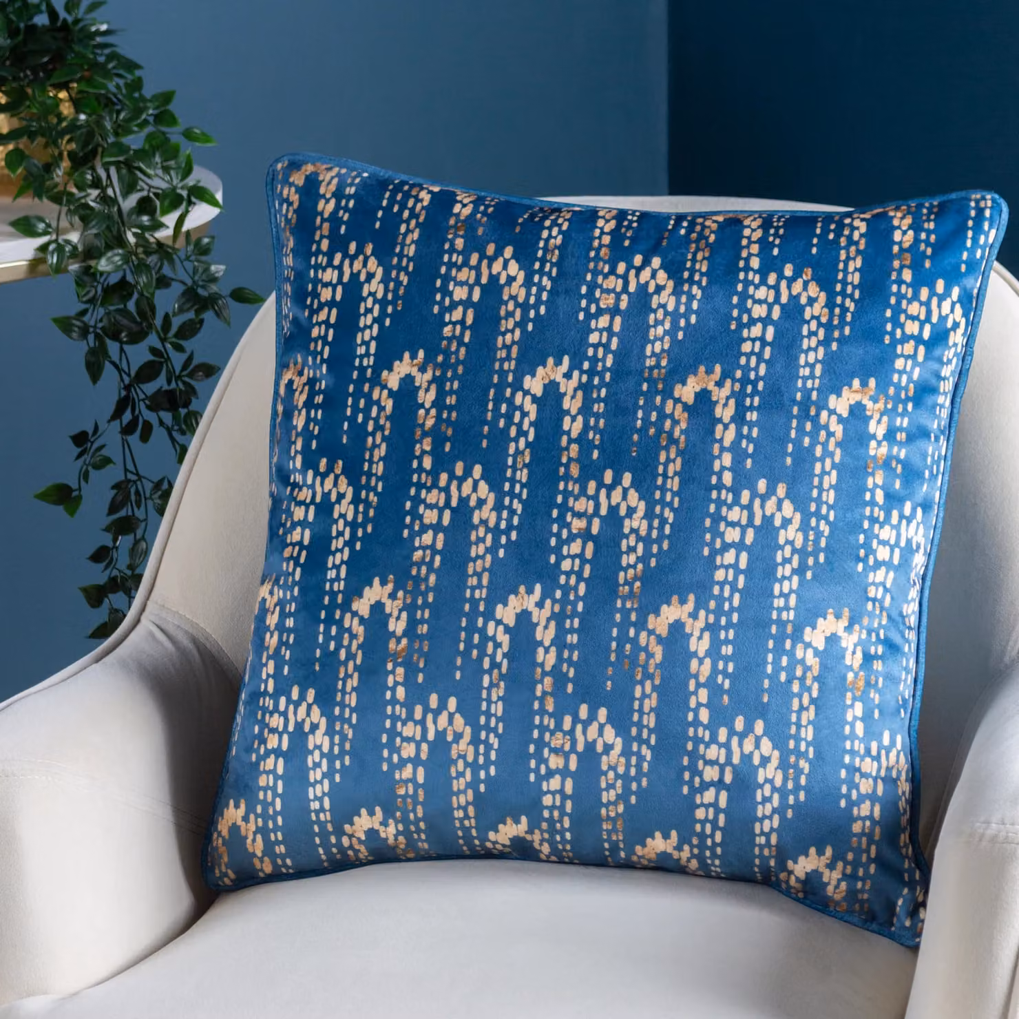 Furn Wisteria Printed Velvet Cushion in Blue and Petrol, W/D/H: 50 x 50 x 50 cm – 3