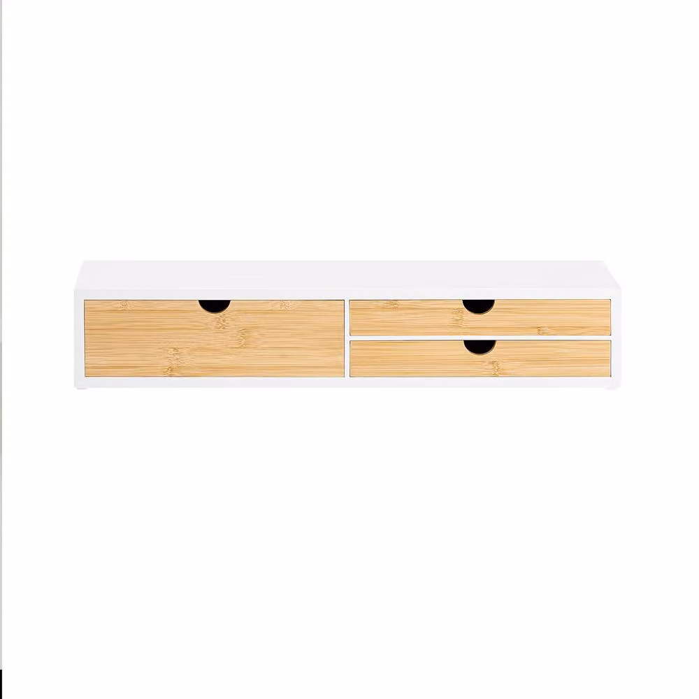 SoBuy Monitor Stand with 3 Drawers and Bamboo Front in White – 2
