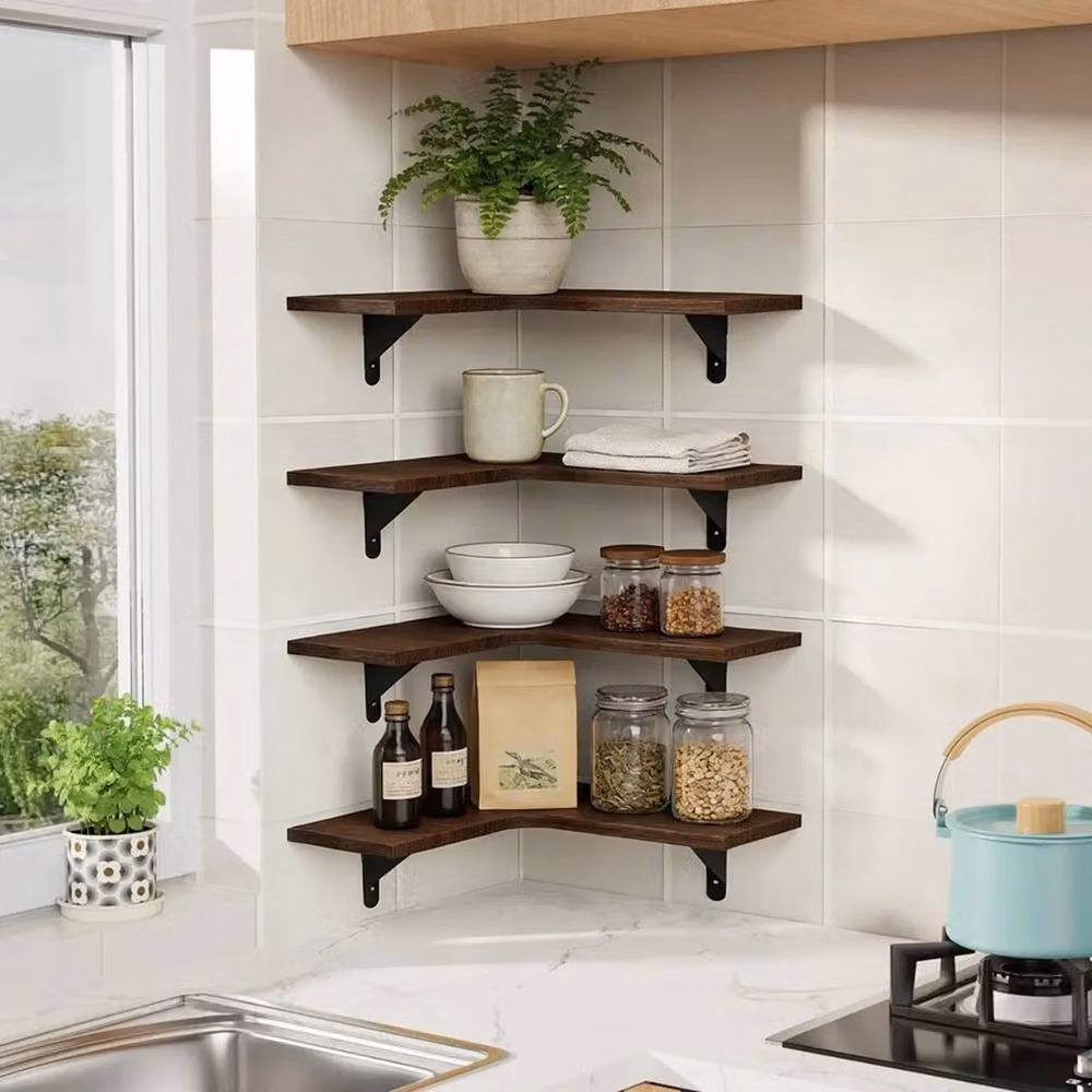 PAWNORA 4 Piece Industrial Wall Mounted Corner Storage Shelves in Brown Metal and Wood – 5