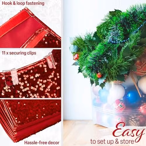 Deco Express Red Sequin Christmas Tree Skirt, Round Textile Base Cover, Diameter: 68 cm – 4