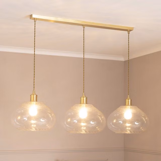 ValueLights Corinne Twill 3 Drop Pendant Ceiling Light in Brushed Gold with Transparent Glass Shades and LED Bulbs