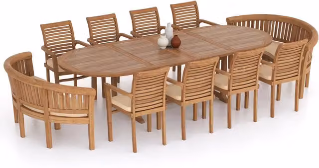 Eterna Athens Teak Garden Dining Table and 10 Seat Chair Set with Black Cushions