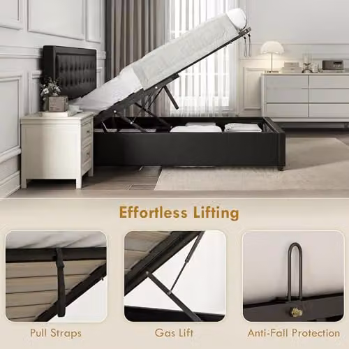 HOMCOM Upholstered Lift Up Ottoman Bed in Black, W/D/H: 150 x 200 x 95 cm – 5