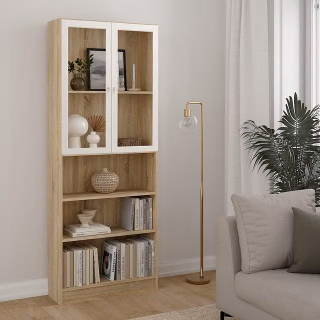 Furniture To Go Basic Tall Wide Display Cabinet with 4 Internal Shelves and 2 Glass Doors in Oak and White