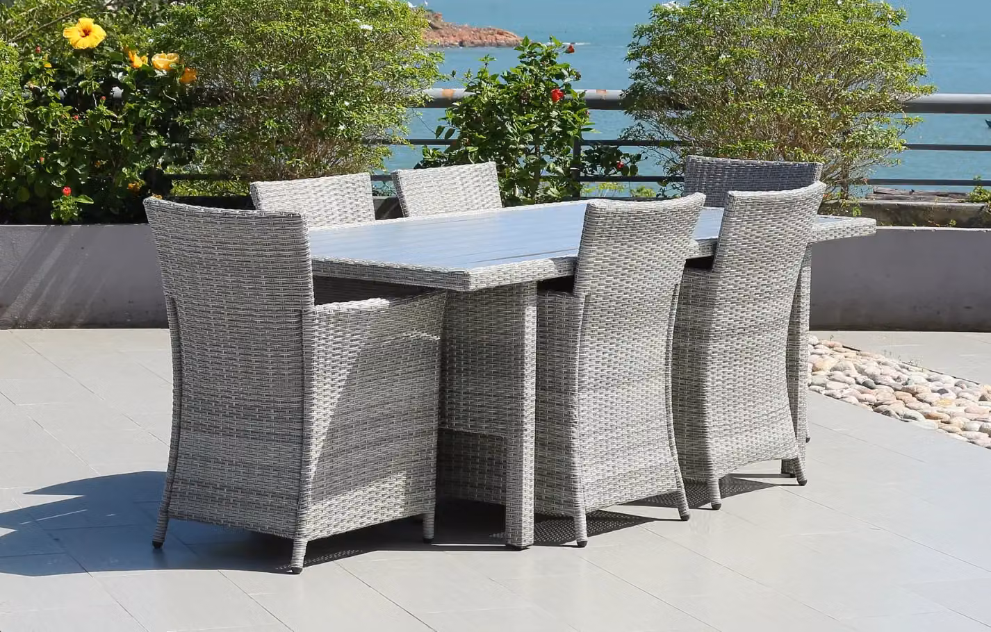 MINT Essentials Bridgetown 6 Seater Rectangular Grey Rattan and Polywood Garden Dining Set, W: 200 cm