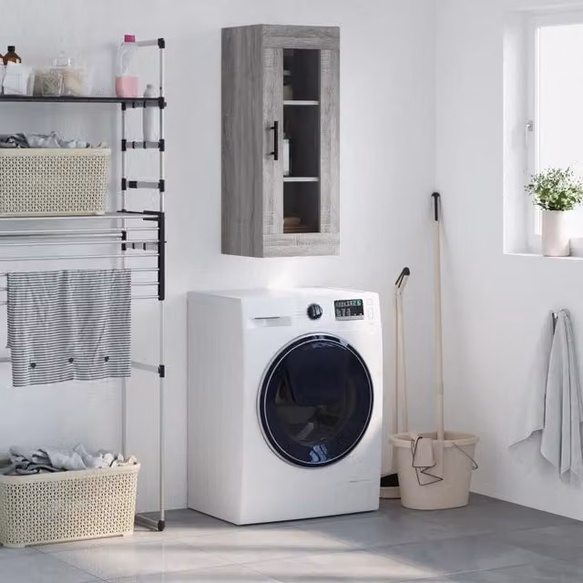Berkfield Home Wall Mounted Cabinet in Grey with Glass Doors, W/D/H: 34.5 x 34 x 90 cm – 1