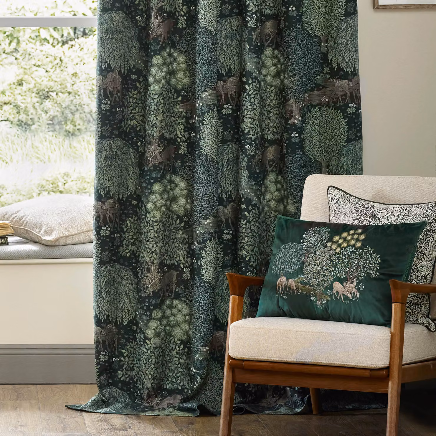 Morris & Co Brook Woodland Jacquard Room Darkening Pencil Pleat Curtains in Green, Width: 168 cm, Drop: 183 cm – 4