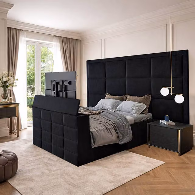 KDMD Alwalton Single Upholstered Velvet Television Bed Frame with Drawers, Black, W/D/H: 90 x 190 cm – 1