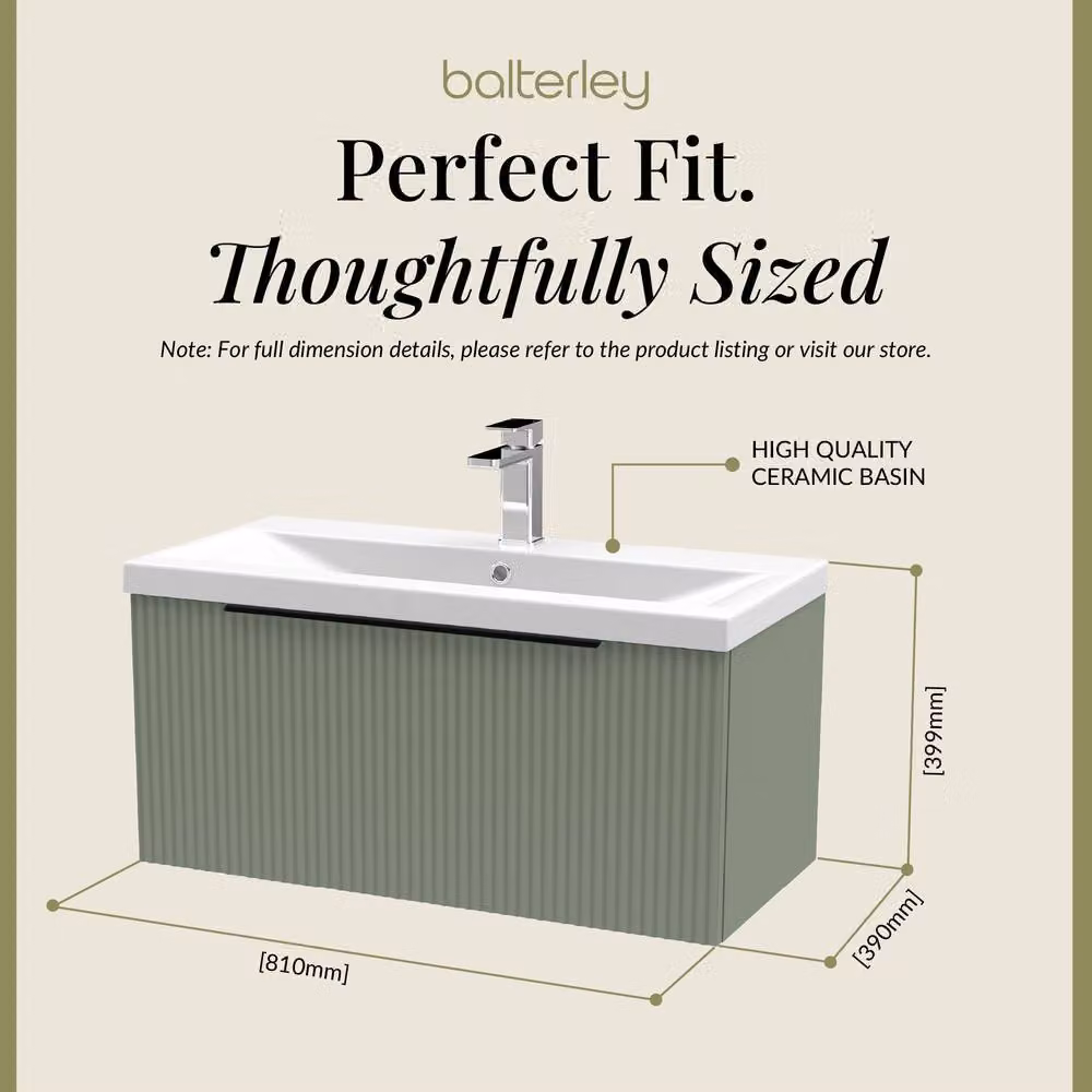 Balterley Fluted Front Wall Hung 1 Drawer Vanity Basin Unit, Satin Green, W: 80 cm – 3