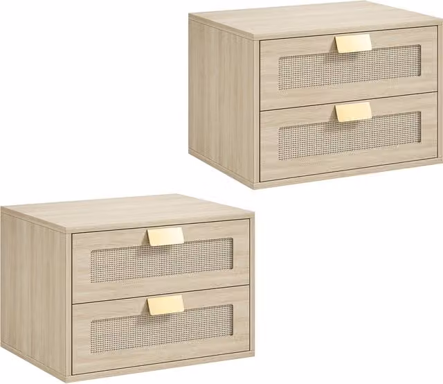 HOMCOM Set of 2 Modern Wall Mounted Floating Nightstands with 2 Rattan Drawers in Brown – 1